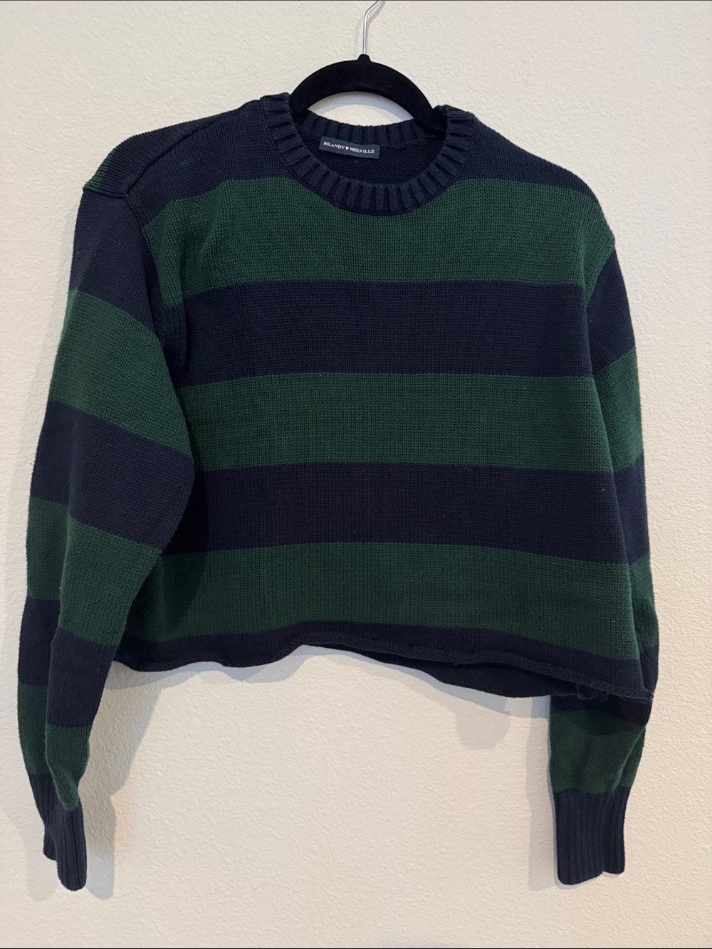 Brandy Melville Striped Green & Navy Cropped Knit Sweater